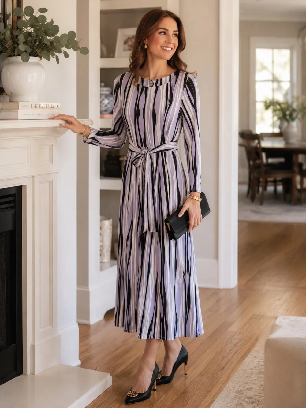 Anne Klein Lavender, Black & White Striped Long Sleeve Maxi Dress 🌿 - Picture 1 of 7